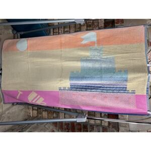 beach towel sandcastle pink blue orange 1980s